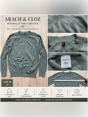 Green Knit Sweater Medium Minimalist Crewneck Soft Lightweight
